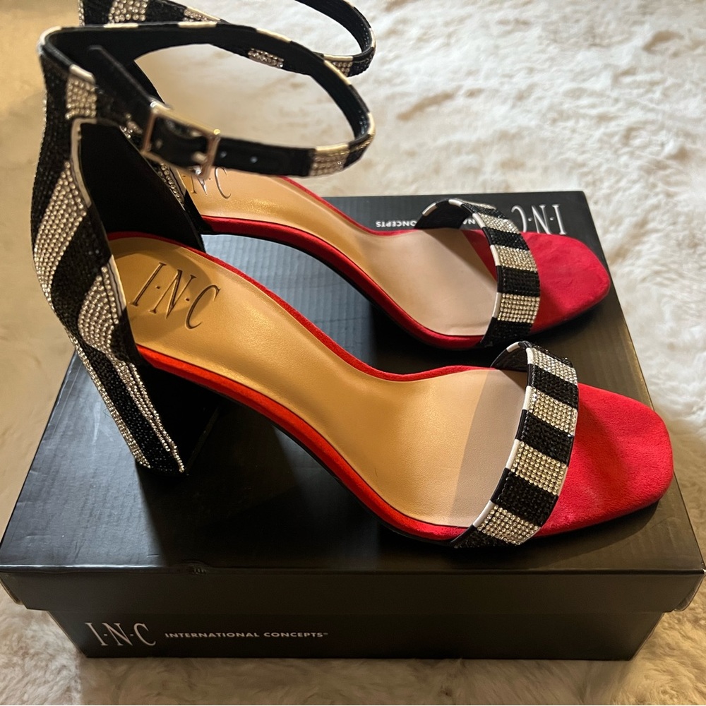 INC International Concepts Red and Black Strappy Heeled Sandals - Picture 4 of 6